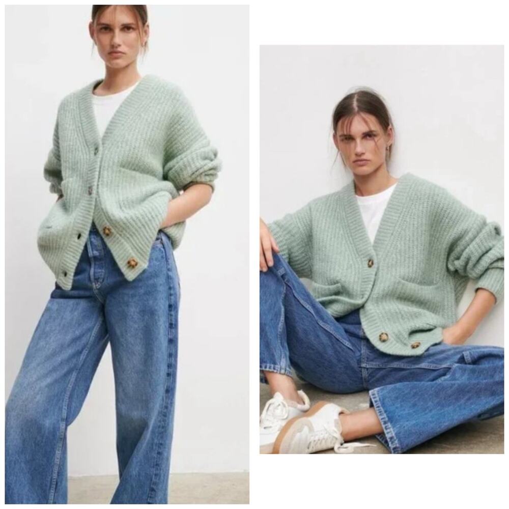 Zara Mint Chunky Knit Cardigan Sweater Jacket Patch Pockets Size Small 9598/110